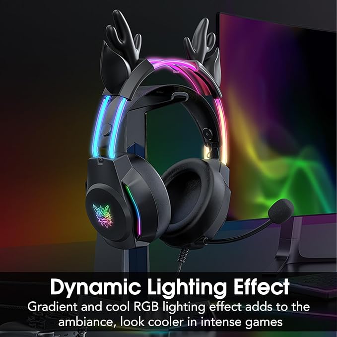 Gaming Headset with Microphone Deer Ears Headphones for PC Laptop PS4 PS5 Xbox Switch Rainbow RGB Lighting &amp Virtual Surround Sound 3.5mm Over Ear Headphones Ergonomic