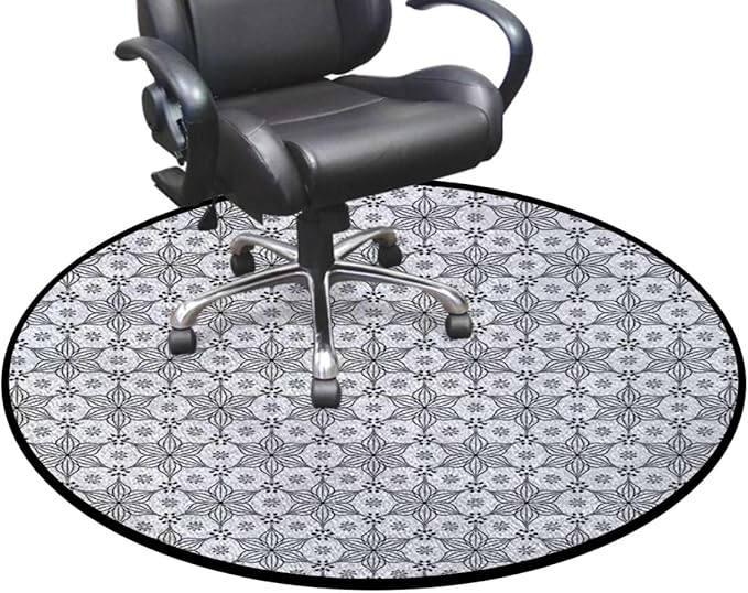White Black Gaming Chair Mat for Hardwood Floor Anti-Slip Floor Protector Game Controller Rubber Gaming Computer Chair Mat Ancient Oriental Damask Pattern Floral Diameter 35.4 in