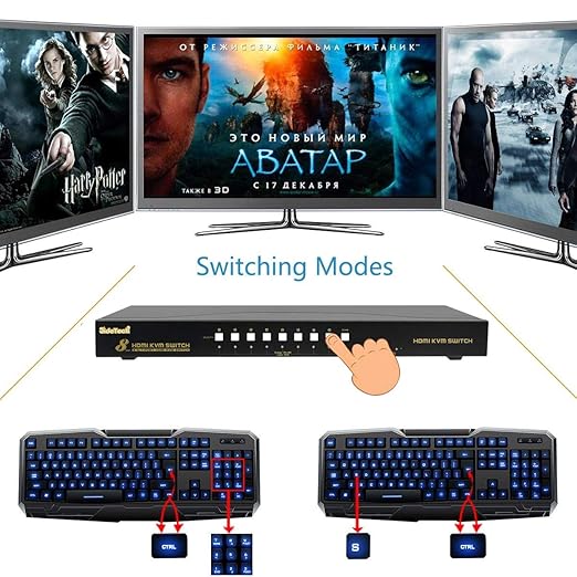 JideTech HDMI USB KVM Switch 8 Port Up to 4K@30Hz Resolution with USB 2.0 Hub Support Hotkey Mouse Switching for Linux Windows Mac Unix