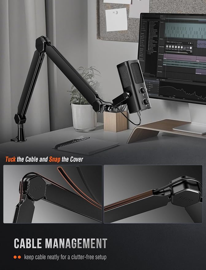 FIFINE XLR/USB Recording Microphone and Boom Arm Kit Podcast Microphone with Mute Volume Control Monitoring Mic Arm Stand Bundle with Cable Management for Vocal Voice-Over (Tank2+BM66)