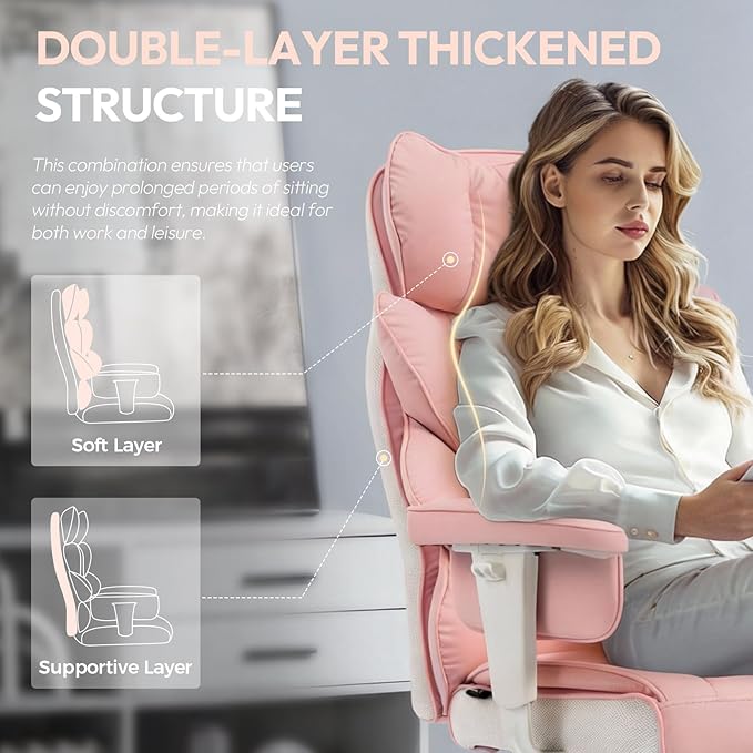 Dowinx Big and Tall Office Chair with Pocket Springs CushionHigh Back Computer Gaming Chairs with Adjustable ArmrestsExecutive Desk Chairs with Lumbar Support and FootrestPU Leather-Pink