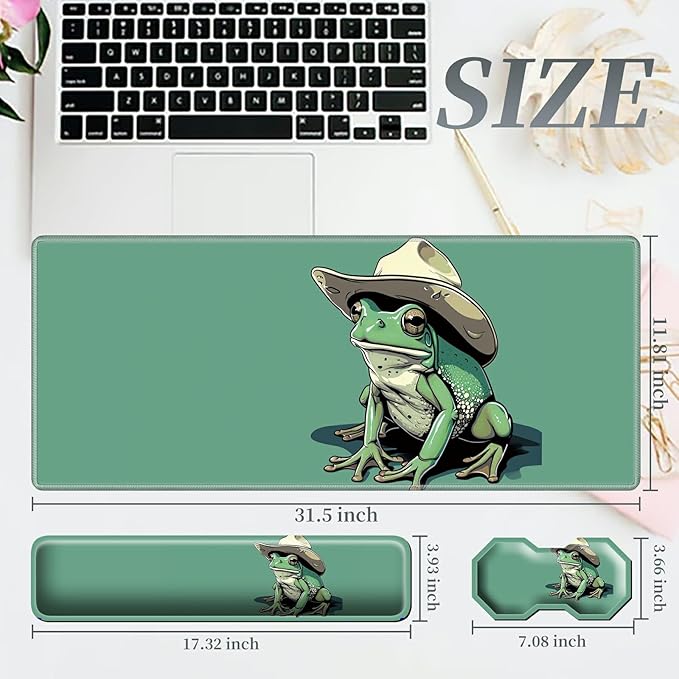 3Pcs Mouse Pad Set Green Frog Large Gaming Mouse Pad with Stitched Edge Ergonomic Memory Foam Keyboard Wrist Support and Mouse Wrist Rest Cushion Pain Relief Non-Slip Desk Pad Combo