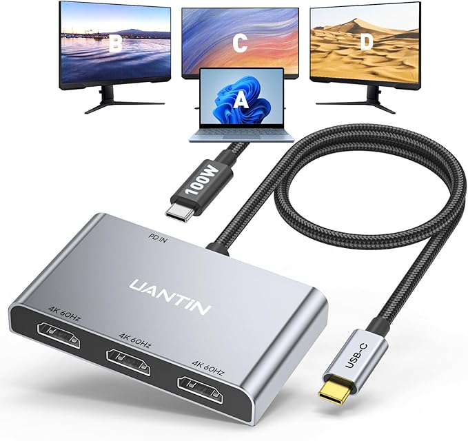 USB C to 3 HDMI Adapter with PD 100W 4K@60Hz HDMI Splitter Extended Display for Multi-Monitors Adapter for 3 Monitor Windows Allows Display 4 Separate Screens macOS Only Mirror Mode