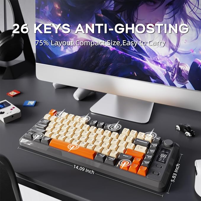 M75 Wireless Gaming Keyboard Mechanical Feel Membrane with Knob &amp OLED Display Bluetooth/2.4Ghz Rainbow Backlit Gradient PBT Keycaps 2000mAH Battery Anti-Ghosting-Dark Grey