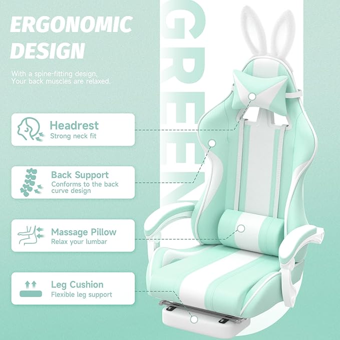 Ferghana Kawaii Light Green Gaming Chair with Bunny Ears Ergonomic Cute Gamer Chair with Footrest and Massage Racing Reclining Leather Computer Game Chair for Girls Adults Teens Kids