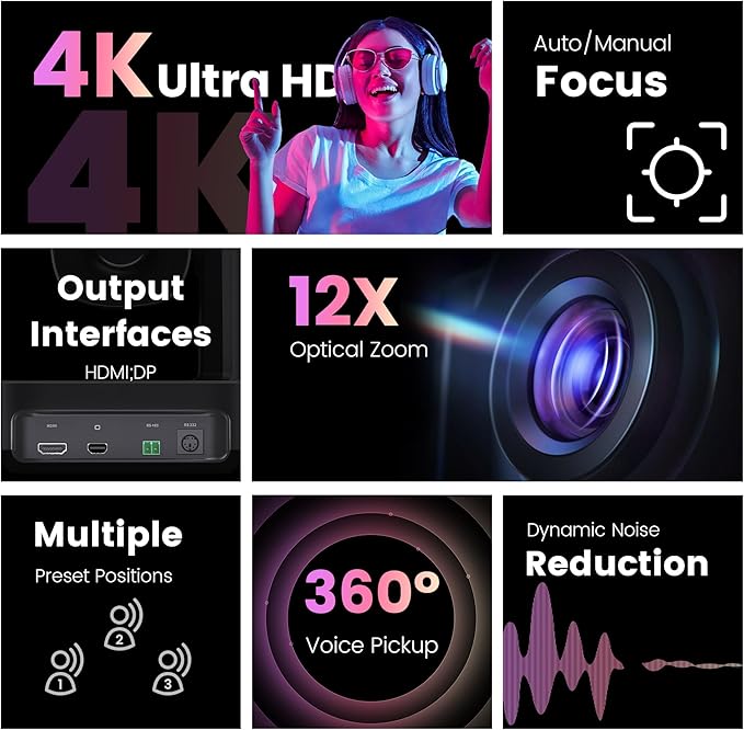 All-in-One PTZ 4K Conference Room Camera System with Bluetooth Speakerphone 12X Optical Zoom HDMI Wide View Angle Lens Works with Zoom Webex for Large Meeting Room