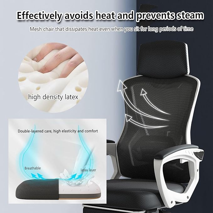 Ergonomic Office Chair with Footrest Headrest and Backrest 90-135 AdjustableWheels 360 Swivel Office Desk Chair for HomeBedroomStudyStudentAdultsGrey