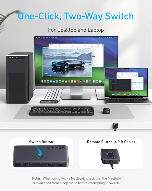 Anker USB 3.0 HDMI KVM Switch 5 USB 3.0 Ports Supports 4K@60Hz Magnetic Remote Button for One-Click Switch Between Laptop and Desktop Works with Dell MacBook iPad and More (Cables Included)