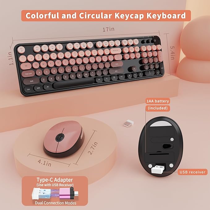 Wireless Keyboard and Mouse Combo Ergonomic Full Size Typewriter Retro Round Keycaps Keyboard Compatible with Windows PC Perfer for Home and Office Keyboards (Aurora Red)