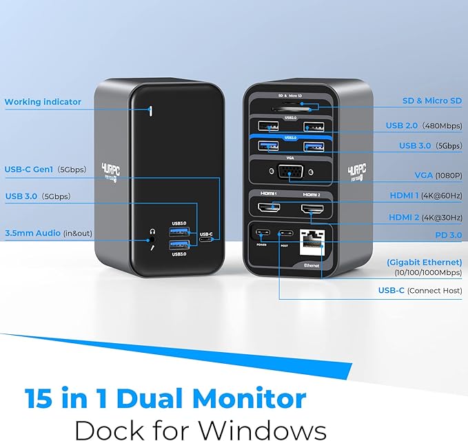 4URPC USB C Docking Station Dual Monitor Dual HDMI USB C Dock Laptop Docking Station with 2 HDMI Ports VGA 7 USB 65W Power Adapter Ethernet SD/TF Audio/Mic for Windows and ChromeOS
