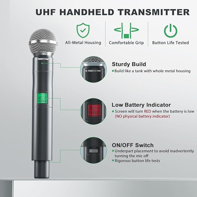 Phenyx Pro Wireless Microphone System 4-Channel UHF Wireless Mic Fixed Frequency Metal Cordless Mic with 4 Handheld Dynamic Microphones 260ft Range Mics for Singing Church(PTU-5000-4H)