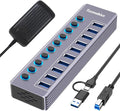 Powered 10-Port USB 3.0 Hub USB C to 10 Ports USB Data Hub Splitter with Individual LED On/Off Switche 3.3FT Cable 12V/3A Power Adapter for Laptop MacBook Pro/Air PC (Aluminum Gary)