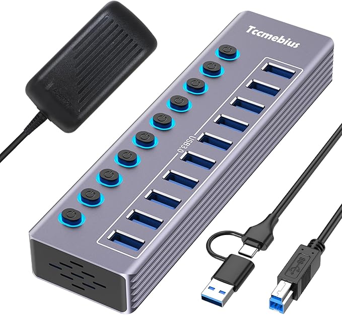 Powered 10-Port USB 3.0 Hub USB C to 10 Ports USB Data Hub Splitter with Individual LED On/Off Switche 3.3FT Cable 12V/3A Power Adapter for Laptop MacBook Pro/Air PC (Aluminum Gary)