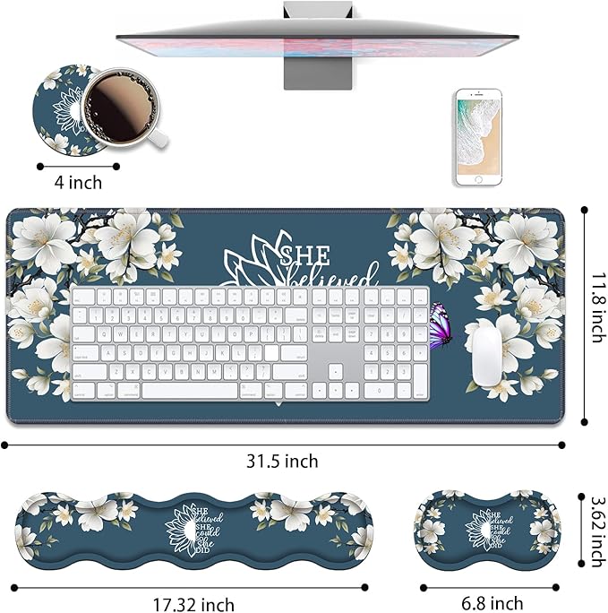 Ergonomic Keyboard Wrist Rest &amp Mouse Pad Wrist Rest Set She Believed She Could So She Did Inspirational Quote Large XXL Gaming Desk Mat 31.5x 11.8 with Non-Slip Base for Home Office Study Gami