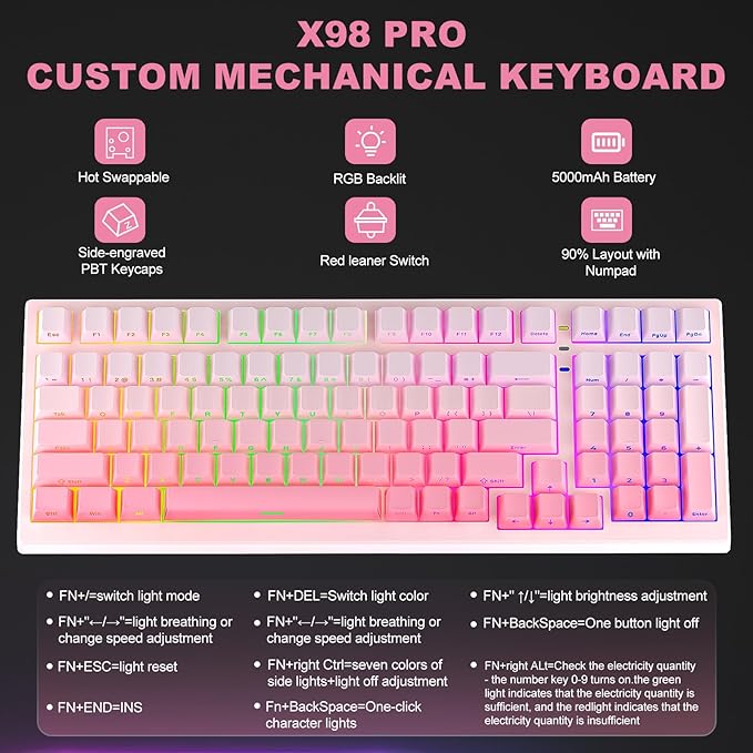 CC MALL X98 Ultra Wireless Mechanical KeyboardHot Swappable Custom Keyboard with Number PadLinear SwitchesTri-Mode BT5.0/2.4GHz/USB-CRGB Backlit Pink Gaming Keyboards for Win/Mac/PC