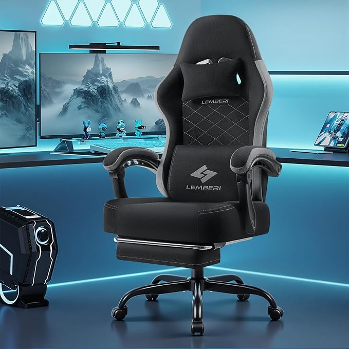 LEMBERI Gaming Chair Fabric Big and Tall Video Game Chairs for Adults with FootrestRacing Style Ergonomic Computer Gamer Chair with Headrest and Lumbar Support (Gray)