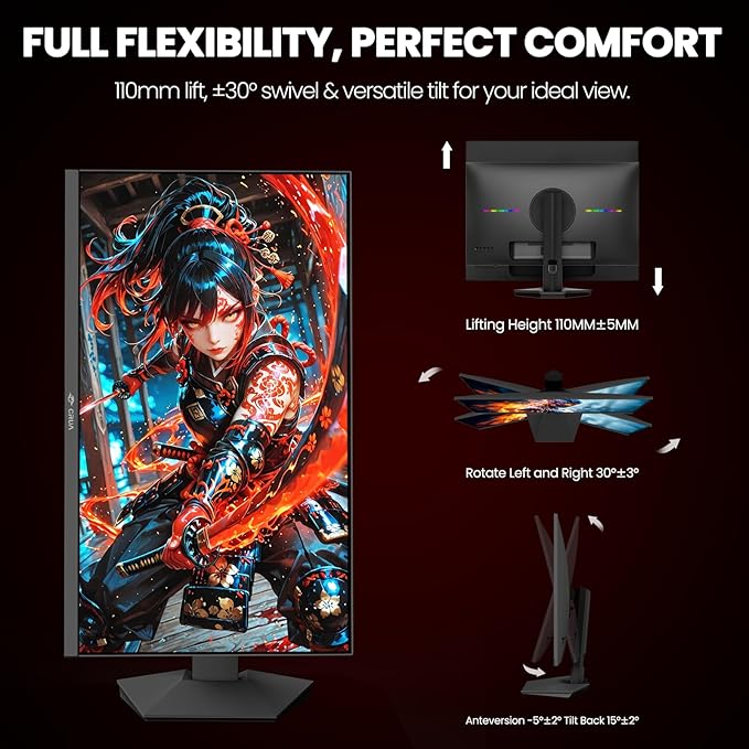 CRUA 27” 4K Gaming Monitor UHD 3840x2160 160Hz IPS Screen Height/Pivot/Swivel/Tilt Adjustable Vertical Monitor Support AMD FreeSync Built-in Speakers 120% sRGB PIP/PBP HDMI 2.1 &amp DP 1.4-Bla