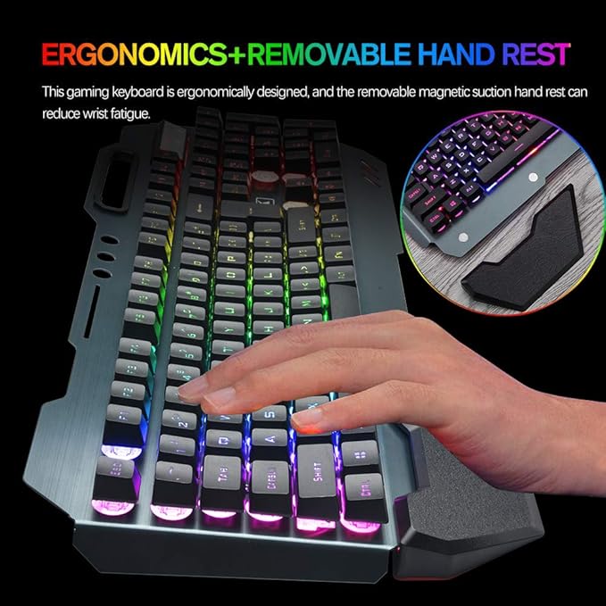 Wireless Gaming Keyboard and MouseRGB Backlit Rechargeable Keyboard Mouse with 5000mAh Battery Metal PanelRemovable Hand Rest Mechanical Feel Keyboard and 7 Color Gaming Mute Mouse for PC Gamer