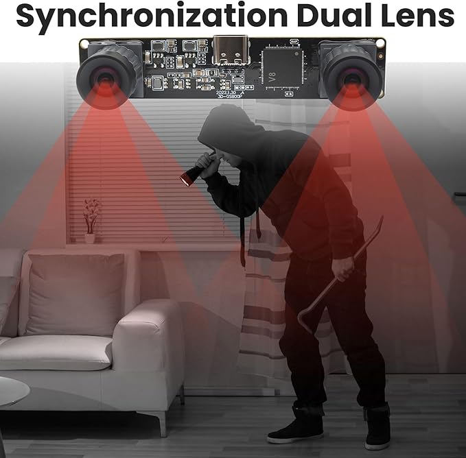 High Speed 210fps USB Camera with Global Shutter 800P Synchronization Dual Lens Monochrome B/W Camera Plug and Play for 3D Printing PC Lightburn QR Code Scanning VR and Face Recognition