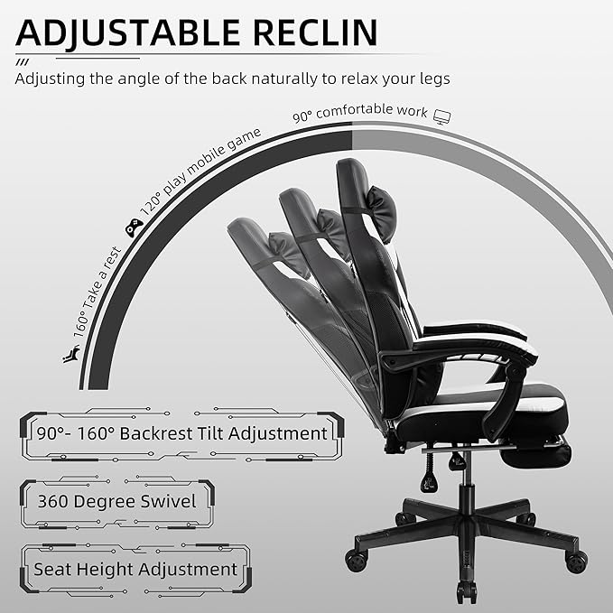 Shintenchi Gaming ChairVideo Game Chair with footrest and Massage Lumbar SupportHeight Adjustable Game Chair with 360°Swivel Seat Ergonomic Computer Chair with Headrest for Office or Gaming(White)