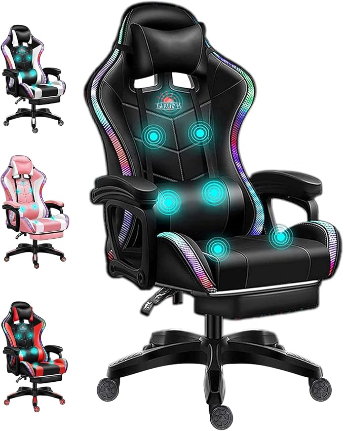 Gaming Chair with Bluetooth Speakers RGB LED Lights &amp Footrest Massage Computer Gaming Chair/Video Game Chair for Adults &amp Teen Enhance Gaming ExperienceBlack