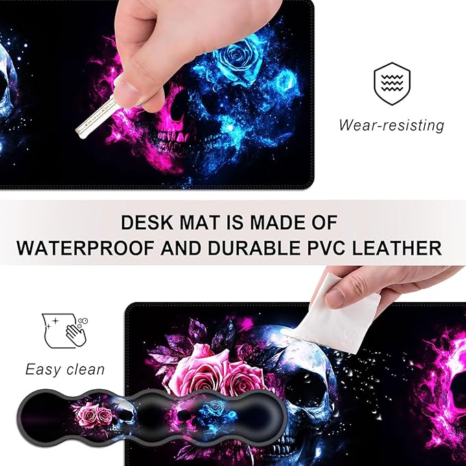 Mouse PadLarge Desk Mat Set 4in1 XL Mousepad + Keyboard Wrist Rest+Mouse Wrist Rest+Coaster with Ergonomic Desk Pad for Home Office Table Computer Cover -Neon Skulls with Roses