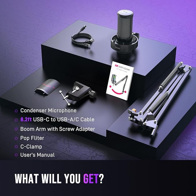 FIFINE USB Gaming Microphone Kit PC Streaming Mic with RGB Lights Mute Gain Knob Metal Boom Arm for Recording Podcast Condenser Computer Microphone Set Compatible with PS4/PS5-AmpliGame A8T