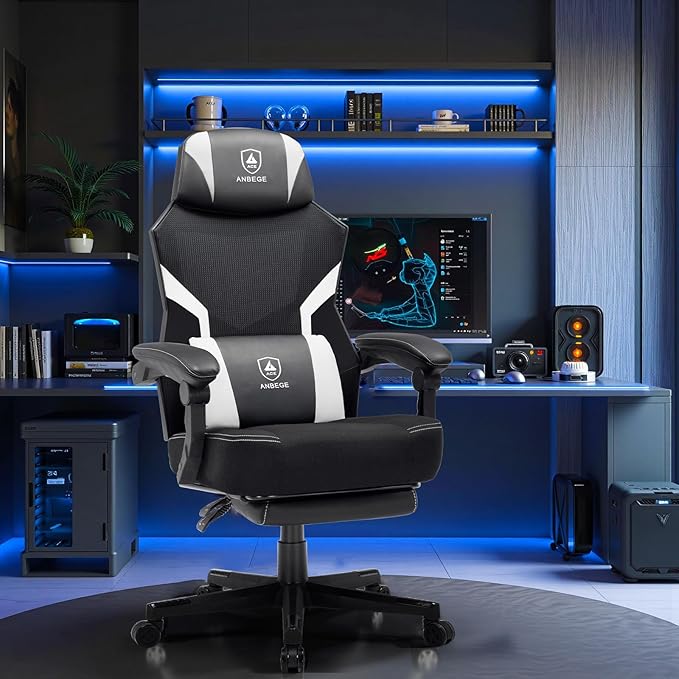 Ergonomic Mesh Video Gaming Chair with Footrest Height Adjustable Computer Chair with Lumbar Support High-Back Breathable Reclining Swivel Chair for Adults Home Office &amp Work (White)