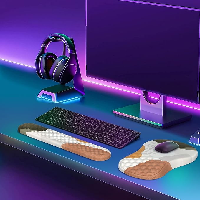 HAOCOO Ergonomic Mouse Pad with Wrist Rest and Keyboard Wrist Rest 3 PCS Computer Carpal Tunnel Mouse Pads for Desk with Coaster Set Memory Foam Keyboard Wrist Support for Laptop Office Boho Beige