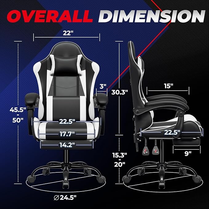 Auto Dynasty Ergonomic Gaming Chair High-Back Office Chair w/Adjustable Lumbar Support Linkage Armrest Headrest &amp Footrest 350LBS Recliner Swivel Computer Game Racing Chair White/Black
