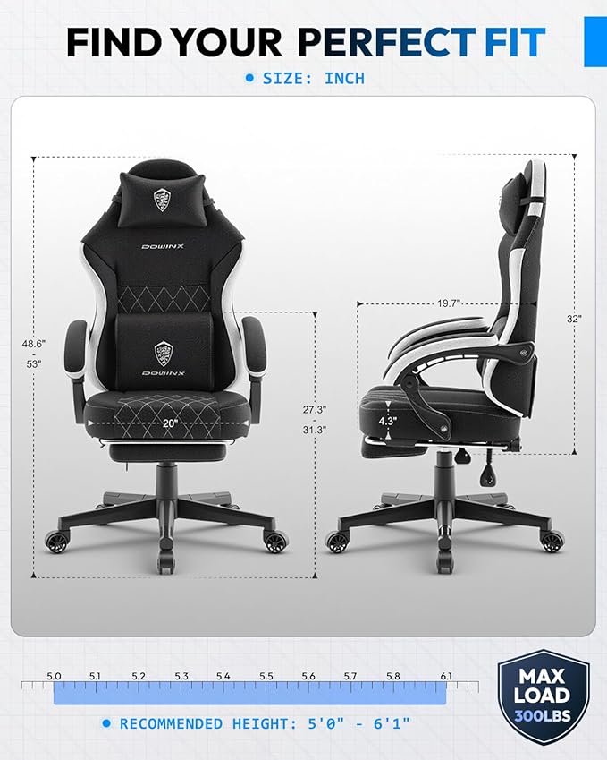 Dowinx Gaming Chair Fabric Gaming Chairs for Adults with Pocket Spring Cushions and Lumbar Support Ergonomic Massage Office Chair High Back with Footrest and Linkage Armrests Black