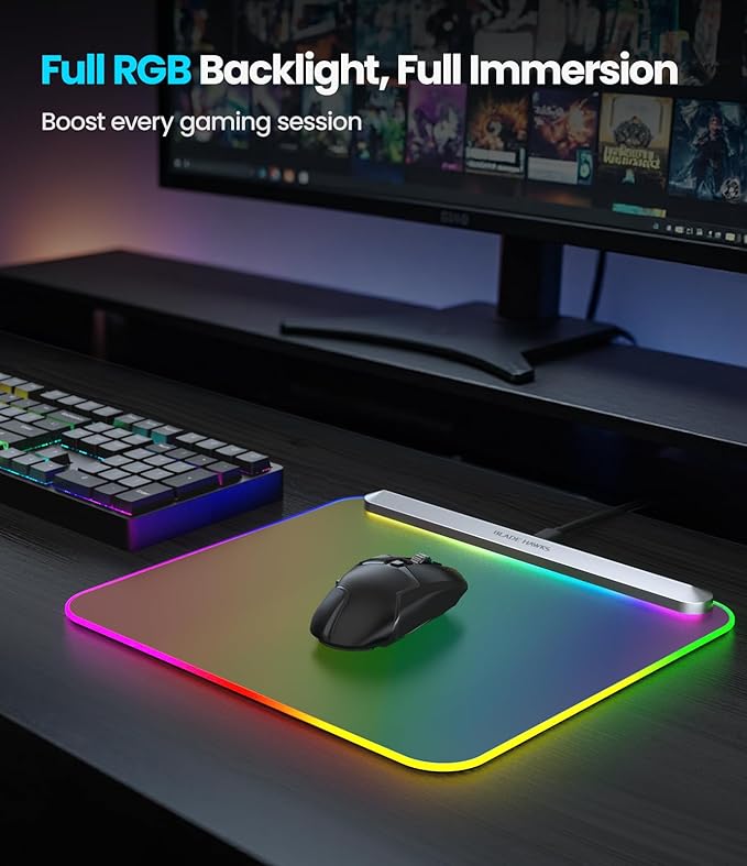 BladeHawks BX10 Fully Illuminated RGB Gaming Mouse Mat: Backlit Design - 15 Zone Chroma Lighting - USB 2.0 Port - Detachable USB Type C Cable - Micro Textured Surface - Anti Slip Base-Silver