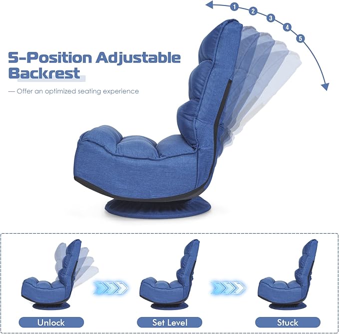 COSTWAY Folding Floor Chair Adjustable 5-Position Video Gaming Chair with 360 Degree Swivel Detachable Cover Padded Backrest Multipurpose Living Room Floor Lounger for TV Reading Playing (Navy)