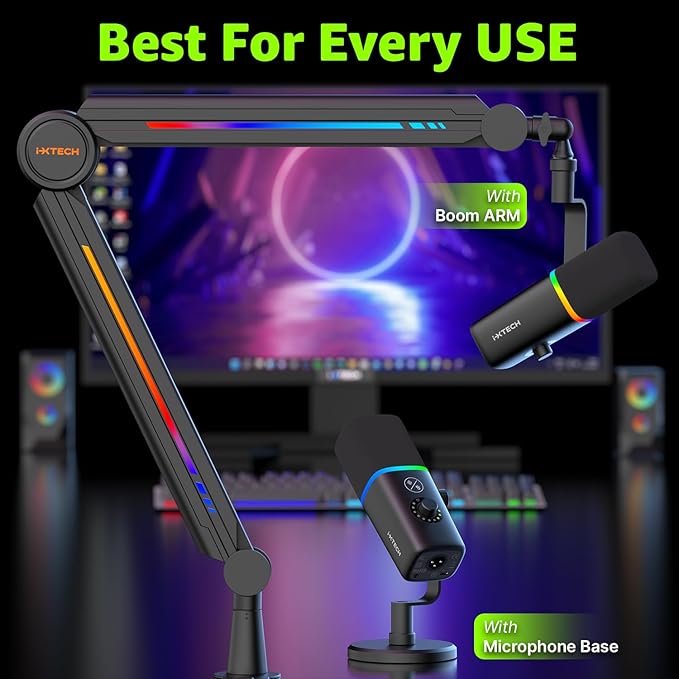IXTECH Gaming USB Microphone for PC Noise Cancellation Condenser Mic for Podcasts and Video Streaming with Tripod Stand Pop Filter Shock Mount Gain Control RGB Lights Quiet Mute Button (Black)
