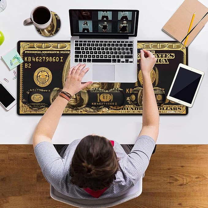 Gaming Mouse Pad and Keyboard Wrist Rest Large Extended Mouse Pad 31.5X 11.8Ergonomic Memory Foam Wrist Rest + Desk Mat Protectorfor Office/Home Writing Pad Black Gold Dollars/Bills Mousepad