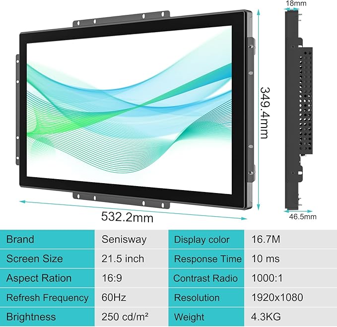 21.5 Inch 10 Points Industrial Capacitive Touch Monitor IP65 Waterproof 1920x1080 @ 60Hz TFT LCD IK08 Open Frame Design Touch Screen Suitable for kiosks