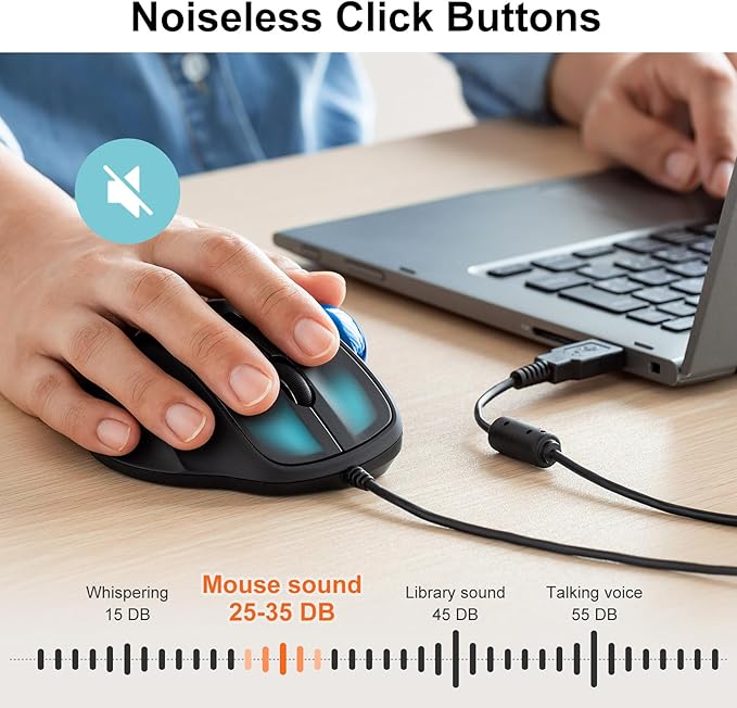 SANWA Wired Ergonomic Trackball Mouse Optical Vertical Rollerball Mice Silent Buttons 34mm Trackball 600/800/1200/1600 DPI Compatible with MacBook Laptop Computer Windows macOS Blue