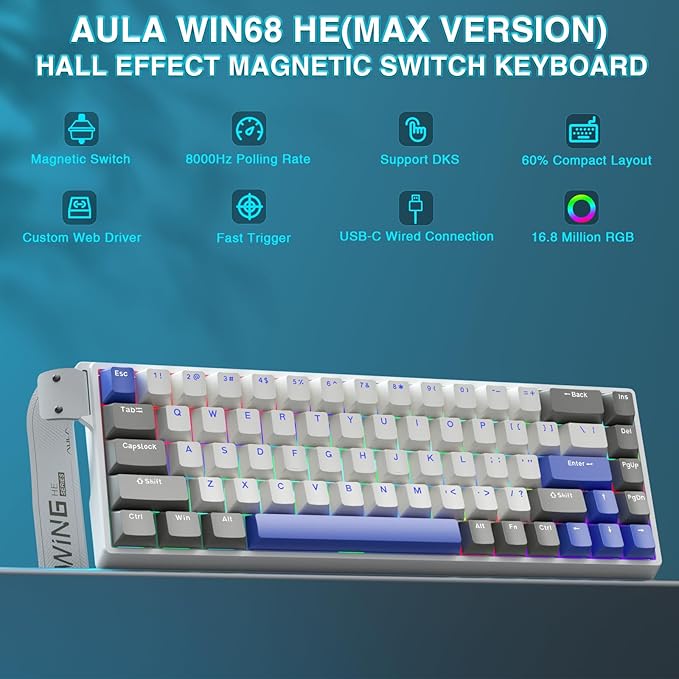 AULA WIN68 HE MAX - Hall Effect Gaming Keyboard with Magnetic Switch Adjustable Actuation Fast Trigger Mode 8KHz Polling Rate RGB Backlit Wired Mechanical Gaming Keyboard 60 Percent Compact Design