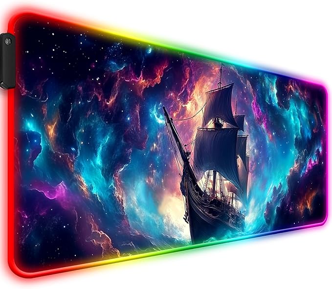 RGB Fantasy Pirate Ship Gaming Desk Mat Computer Keyboard Large Extended Long LED Mouse Pad for Office and Home XL (W01)