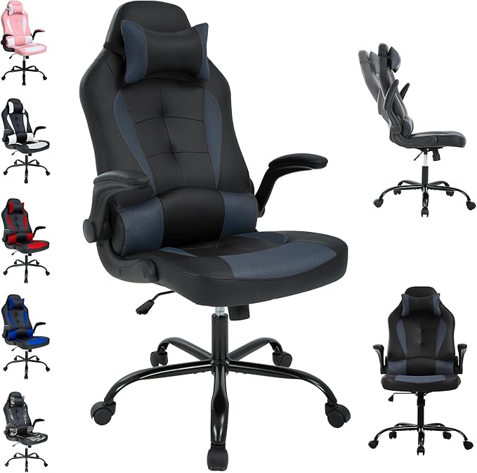High Back PU Leather Office Gaming Chair Comfortable Big and Tall Height Adjustable Heavy Duty Racing Chair with Headrest &amp Lumbar Support (Grey)