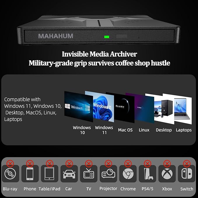 External CD/DVD Drive for Laptop Mac USB 3.0 &amp Type-C 8-in-1 Portable DVD Player/Burner Plug &amp Play with Carrying Case Compatible with Desktop PC Windows 11/10/8 Linux Mac OS MacBook Pro/Air