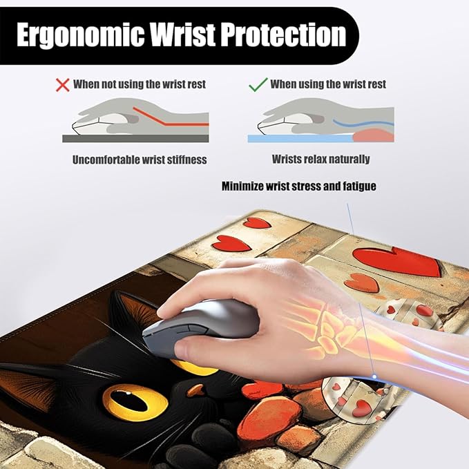 Mouse PadLarge Desk Mat Set 4in1 XL Mousepad + Keyboard Wrist Rest+Mouse Wrist Rest+Coaster with Ergonomic Desk Pad for Home Office Table Computer Cover -Cute Cat with Red Hearts