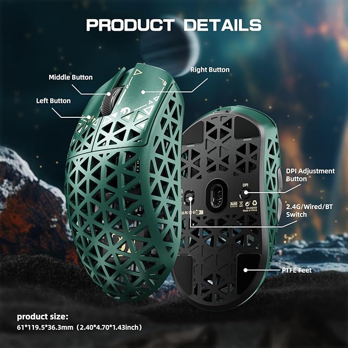 MAMBASNAKE M5 Ultra Carbon Fiber 8KHz Wireless Gaming MousePAW3950MAX Sensor 42K DPI39g Superlight Tri-Mode 2.4GHz/BT/Wired Computer MiceWeb Driver Supportfor Win/Mac/FPS/MOBA/Esports-Green (B)