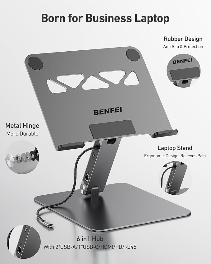BENFEI Laptop Stand with USB C 6in1 Docking Station HDMI 4K@60HzGigabit Ethernet 100W Power Delivery 10Gbps 1*USB C 3.2 and 2*USB A 3.2 Compatible with MacBook Pro/Air iPad Pro XPS Thinkpad