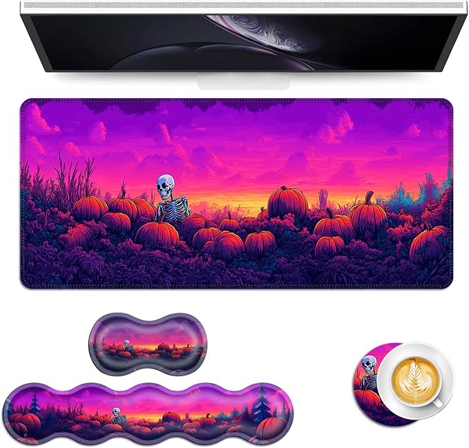 Keyboard Mouse Pad Set Extended Gaming Mouse Pad+Ergonomics Keyboard Wrist Rest Support Memory Foam Easy Typing Pain Relief 4Pcs XL Ultra Thick Desk MatHalloween Skull Pumpkin