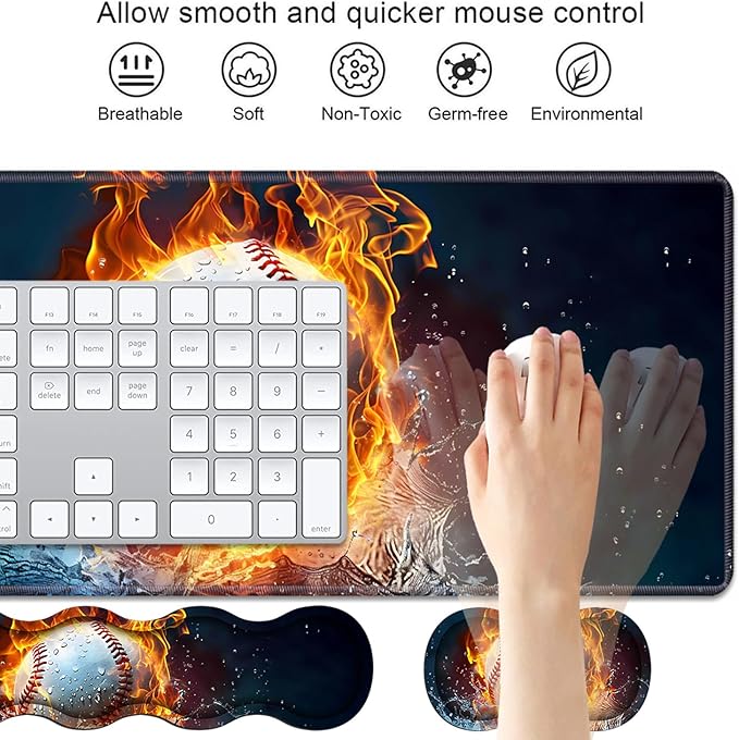 4 in 1 Ergonomic Keyboard Wrist Rest &amp Mouse Pad Wrist Rest Set Large XXL Gaming Desk Mat 31.5x 11.8 with Non-Slip Base Memory Foam for Home Office Study Gaming Burning Baseball Fire and Wate