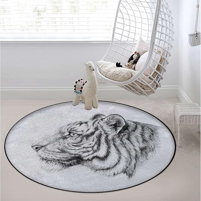 Animal Portrait Area Rug Rug for Living Room Soft Durable Rugs Carpet for BedroomRound Rug Tiger Portrait Style PredatorWhite Black Diameter 39.3 in
