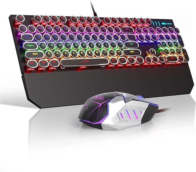Retro Typewriter Keyboard and Mouse Combo Cute Black Keyboard with Linear Red Switches Full Size Wired Mechanical Gaming Keyboard Cool Light Up Keyboard and Mouse for GamingWorkMacPCWindows