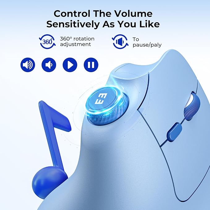seenda Ergonomic Mouse Wireless MOU-302 Bluetooth Vertical Mouse Rechargeable Optical Mice with 1000/1600/2400 DPI Volume Knob 3 Multi-Device Connectivity for Computer/PC/Laptop/Mac Blue