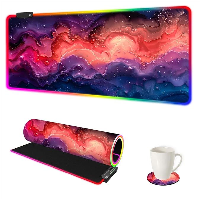 AIMSA Extra Large RGB Gaming Mouse Pad with 14 Light Modes Extended LED Mouse Pad Anti-Slip Rubber Base Computer Keyboard Mousepad Mat Abstract Purple Marble